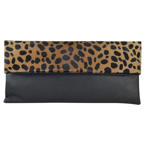 Everly Clutch Cheetah Calf Hair/Black Lamba